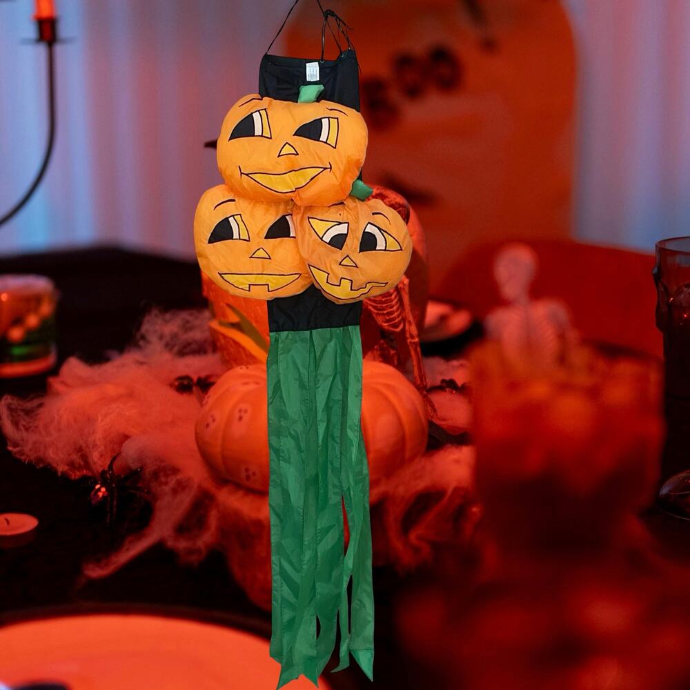 45" Halloween Windsock Pumpkin Orange Green Hanging Yard Decor Outdoor 1994 VTG